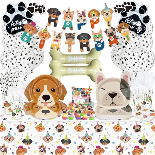 Suministros de fiesta de cumpleaños para perros, suministros de fiesta de perro cortado para cachorros, niños, cumpleaños, incluye platos, vasos,