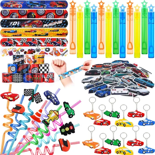98 piezas de regalos de fiesta de coche de carreras suministros de cumpleaños de carreras de paja burbuja banda adhesiva de juguete de carreras