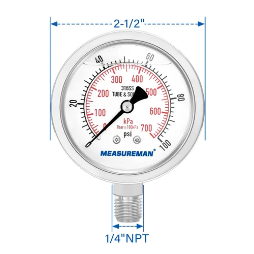 Miniatura 7 de MEASUREMAN Manómetro de presión 1/4 NPT, 0-100psi/kPa Totalmente de acero inoxidable Manómetro de presión hidráulico relleno de glicerina