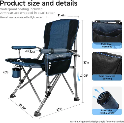 Miniatura 6 de Silla de camping plegable con portavasos y bolsa de almacenamiento, soporte resistente de 400 libras, silla de campamento portátil plegable de gran