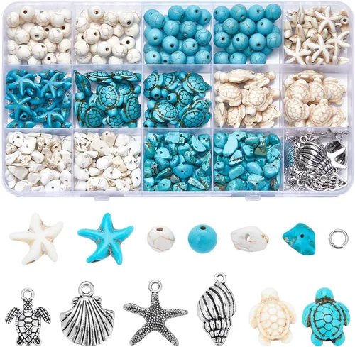 Miniatura 12 de SUNNYCLUE 1 Caja 540 piezas Kit de Cuentas Oceánicas Vidrio Verano Pez Estrella de Mar Dijes Azul Hawaii Animales Marinos Dije Cuentas de Semillas