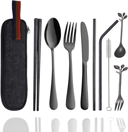 Miniatura 10 de Utensilios de madera reutilizables para comer, 8 piezas de cucharas de madera de viaje, tenedores, palillos, juego de cubiertos con estuche