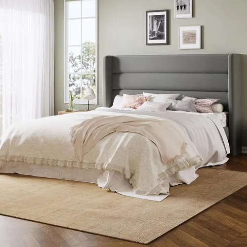 Miniatura 11 de Allewie - Base de cama tamaño Queen con cabecera acolchada tapizada en terciopelo con respaldo abatido, sin necesidad de somier, espacio de Blanco