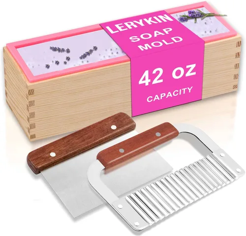 Lerykin Kit de molde rectangular para jabón con cortador - Molde de jabón rectangular flexible de silicona de 42 oz con caja de madera, raspador