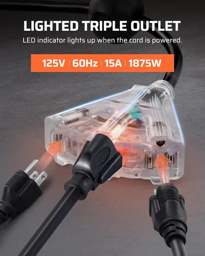 Miniatura 5 de DEWENWILS Carrete de cable de extensión retráctil, cable de alimentación resistente de 40 pies, 12 AWG/3 C SJTOW, 3 tomas de tierra iluminadas