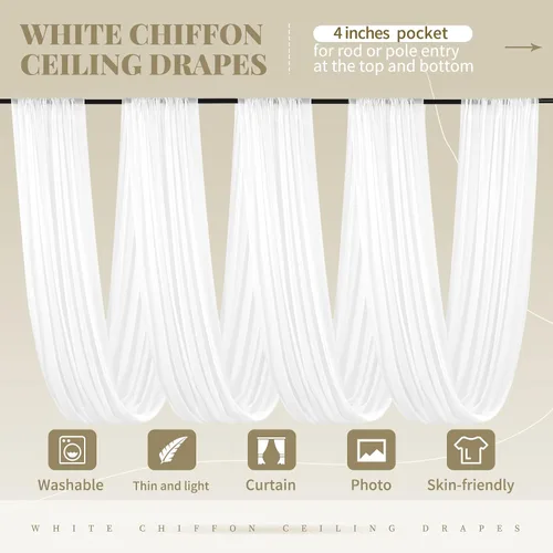 Miniatura 3 de 6 paneles de cortinas blancas para techo de boda, cortinas de techo de 5 x 10 pies, cortinas de tela transparente para arco de boda, cortinas