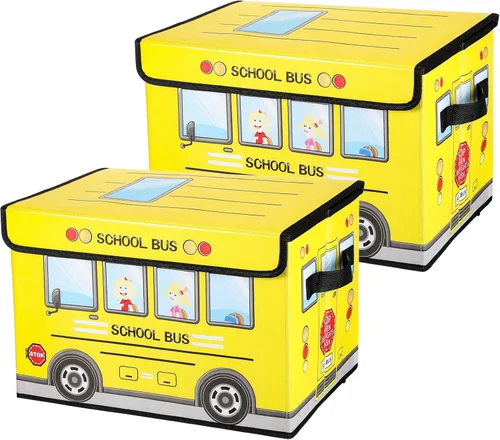 Sweetude Caja del tesoro de autobús escolar de 2 piezas para el aula, caja plegable de almacenamiento de juguetes con tapa, organizador de tesoros