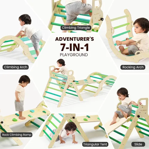 Miniatura 3 de BlueWood Conjunto de Triángulo Pikler, Juguetes de Escalada de Madera para Niños Pequeños para Interiores 7 en 1 Escalador Plegable para Niños