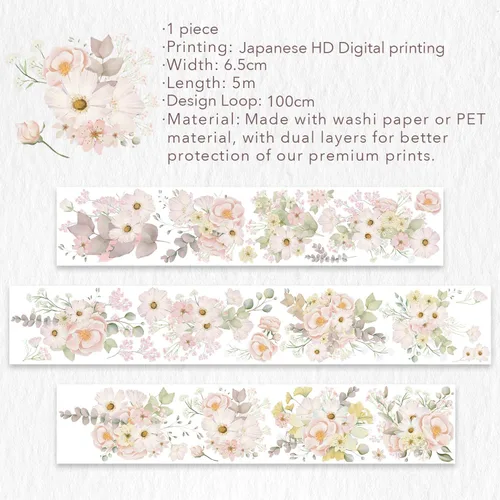 Miniatura 9 de WT Cinta de PET ancha rubor, rollo individual, diseños originales, cinta decorativa floral rosa acuarela, adhesivo transparente para diario, álbumes