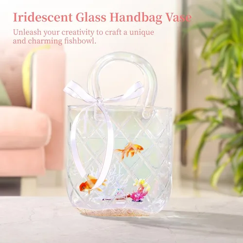 Miniatura 3 de Glass Handbag Vase For Flowers, Iridescent Decorative Glass Centerpiece With Handle, Unique Flower Holder For Table Décor