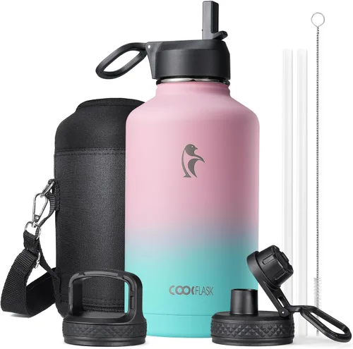 Miniatura 61 de Coolflask Botella de agua de 20 onzas aislada con pajilla, 3 tapas de metal de acero inoxidable, botella de agua de boca ancha para deportes u