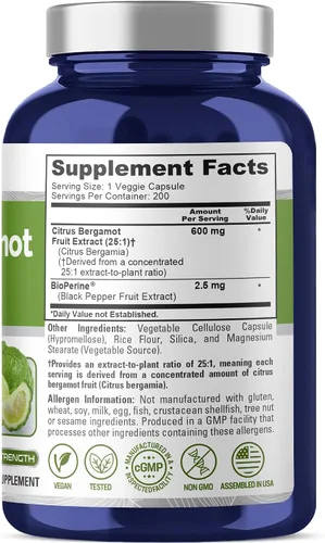 Miniatura 2 de NusaPure Cápsulas de bergamota cítrica, 600 mg, 200 cápsulas vegetales (sin OMG, veganas)