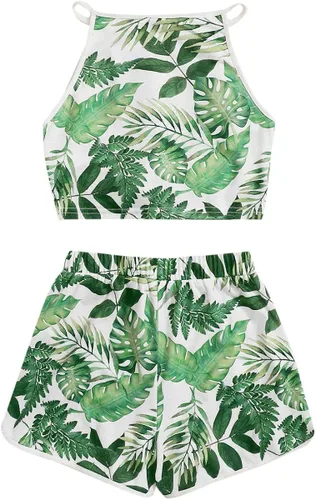 Miniatura 2 de Romwe Conjunto de 2 piezas con estampado tropical y dobladillo con lazo para niña