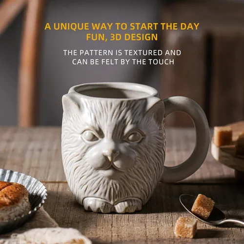 Miniatura 4 de Taza de café de cerámica de gato blanco de 20 onzas, taza de café grande de cerámica, taza con patrón de gato 3D novedoso para café, té, cacao