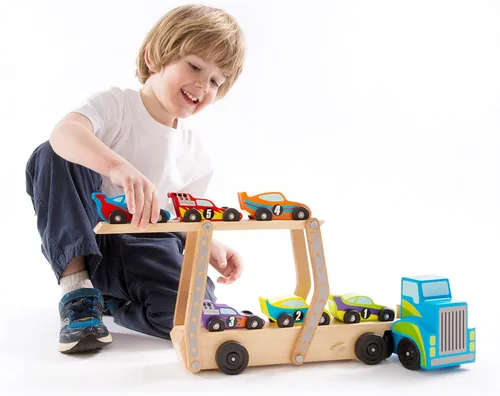 Miniatura 3 de Melissa & Doug Mega Race-Car Carrier - Tractor y remolque de madera con 6 coches de carrera únicos