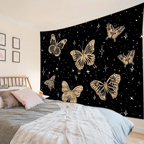 Miniatura 22 de LB Tapiz de mariposa colorido para colgar en la pared, diseño de mariposas de insectos sobre fondo negro, tapiz hippie de fantasía para dormitorio