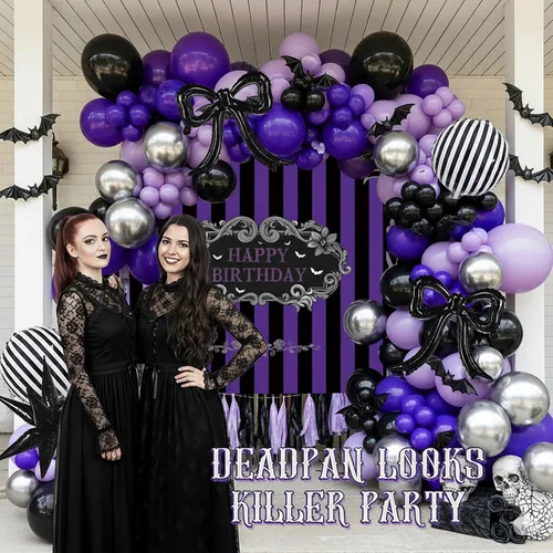 Miniatura 6 de Kit de guirnalda de arco de globos morados y negros con globos de Mylar de estrella de arco y telón de fondo gótico de cumpleaños globos de rayas