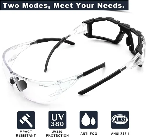 Miniatura 2 de UKNOW Gafas de seguridad – Lentes envolventes antivaho – Junta de espuma extraíble – Anteojos protectores ANSI Z87.1 – Resistente a los impactos