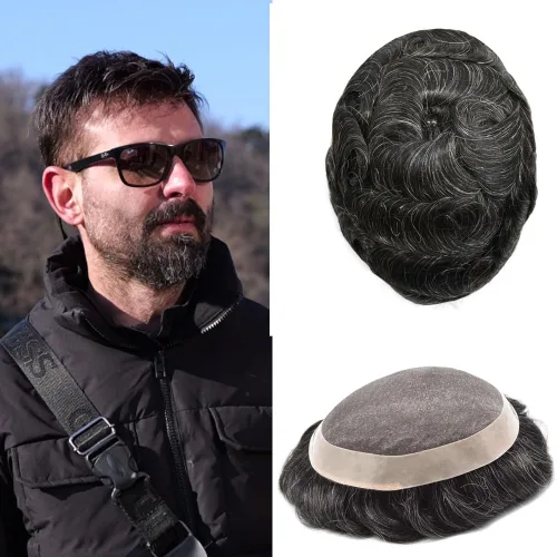 Miniatura 11 de Mens Toupee Hair Piece Real Human Hair Fine Mono Toupee para hombres Sistema de reemplazo de cabello para hombre Postizo Protesis Capilar Para