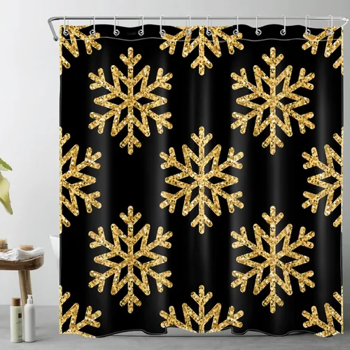 Miniatura 15 de LB Cortina de ducha de Feliz Navidad, bola de Navidad blanca y dorada sobre cortina de ducha negra para baño, 60 x 72 pulgadas, tela de poliéster