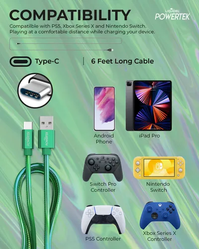 Miniatura 5 de LIQUIPEL Powertek Metallic Shine - Cable de carga USB tipo C, cable USB C de carga rápida de 6 pies, adaptador para automóvil, Galaxy, Android