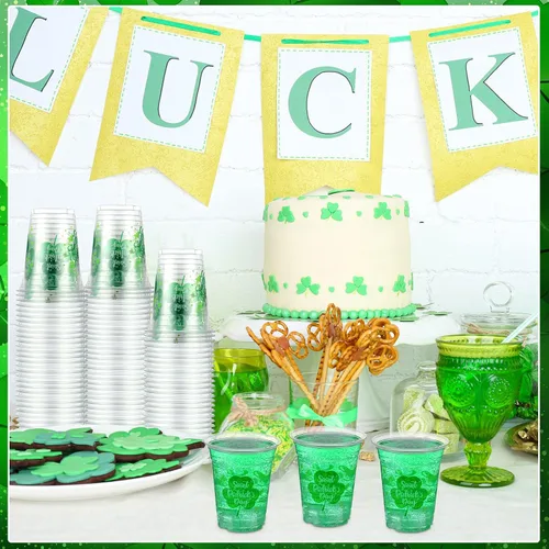 Miniatura 7 de Aoriher 100 tazas de trébol del día de San Patricio de 12 onzas desechables de plástico para feliz día de San Patricio, tazas verdes transparentes
