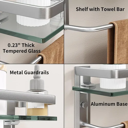 Miniatura 9 de Danpoo Estantes de baño montados en la pared, estante de vidrio templado transparente con toallero, soporte para toallas de mano (plata mate)