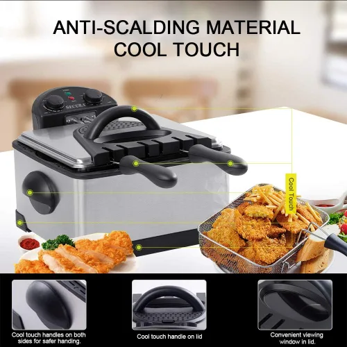 Miniatura 4 de Secura freidora eléctrica profunda con 3 cestas de acero inoxidable de 1700 vatios con temporizador, filtro de olor extra gratuito, 4.2 l/17 tazas