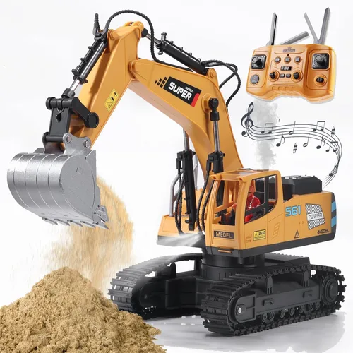 ViRockSign Juguetes de excavadora con control remoto para niños, juguetes de construcción RC de 16 canales con pala de metal y luz, humo simulado,