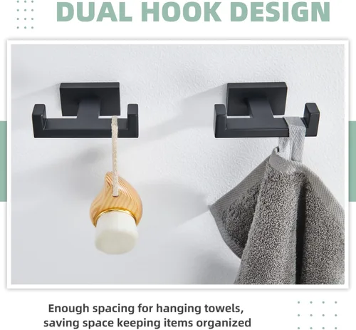 Miniatura 3 de APLusee Paquete de 2 ganchos dobles para toallas de baño, soporte cuadrado de acero inoxidable 304, soporte doble para abrigo, moderno para baño