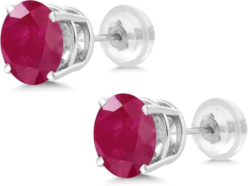 Miniatura 3 de Gem Stone King Pendientes de tuerca de oro blanco y rojo de 14 quilates para mujer