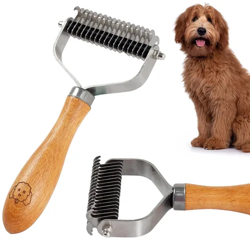Peine de desenredar para mascotas para perros y gatos con mango de madera, rastrillo de subpelo para perros con cuchillas de acero inoxidable, peine