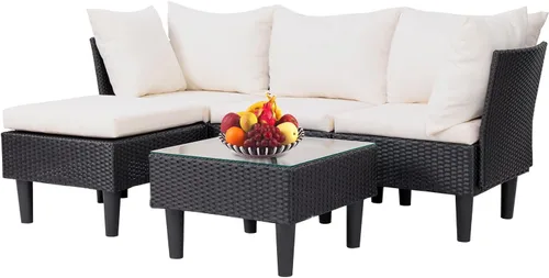 Miniatura 21 de FDW Juego de muebles de patio de 3 piezas Negro Muebles de mimbre para exteriores con mesa de café Juego de sillas de ratán moderno