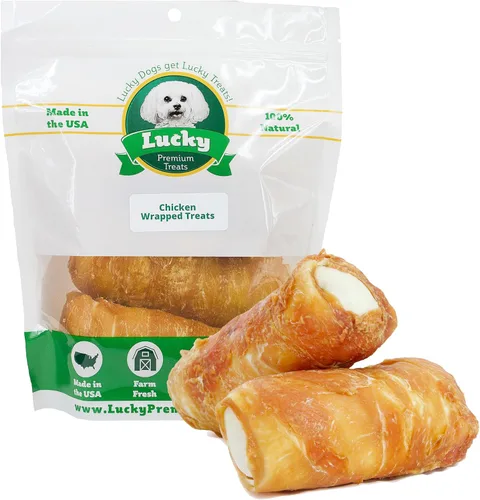 Miniatura 8 de Lucky Premium Treats Golosinas para perros envueltas en pollo, palitos de piel crudos hechos en Estados Unidos para perros de tamaño extra grande