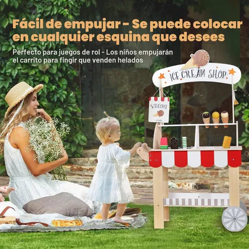 Miniatura 2 de Labebe Carrito de Helados de Madera para Niños, Camión de Helados para Niños Pequeños con Tirador, Juego de Simulación con Pizarra, Campanilla