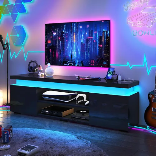 Miniatura 8 de Hlivelood Soporte de TV LED para TV de 75 pulgadas, moderno soporte de TV con toma de corriente, consola de TV de alto brillo con almacenamiento