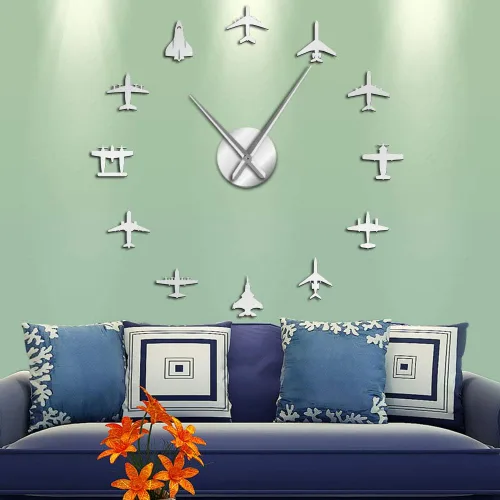 Miniatura 3 de The Geeky Days Flying Plane Fighter Jet - Reloj de pared grande sin marco, estilo acrílico, efecto espejo, adhesivo, avión, silencioso, cuarzo, Plata
