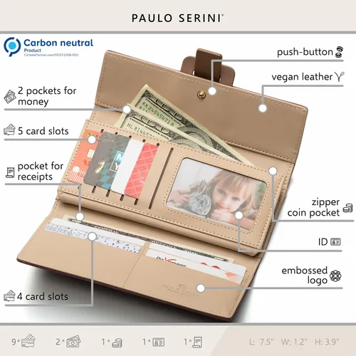 Miniatura 5 de PAULO SERINI Cartera Mujer - Cartera para mujer con monedero - Tarjetero 9 tarjetas - Pulsera - Carteras veganas para mujer - Regalos de cumpleaños