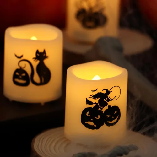 Miniatura 5 de Velas votivas sin llama con temporizador, luces LED con temporizador automático de ciclo diario integrado, calcomanías de calabaza para decoraciones