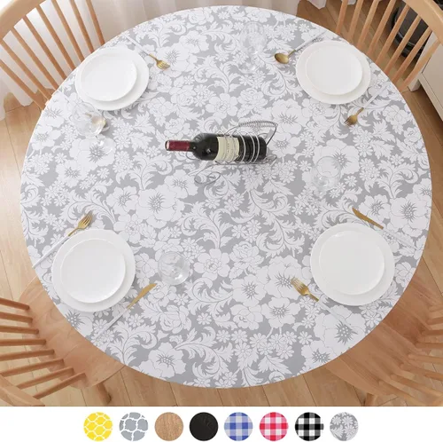 Miniatura 12 de Mantel redondo de vinilo de plástico ajustable con parte trasera de franela y borde elástico, protector de mesa impermeable para mesa de comedor