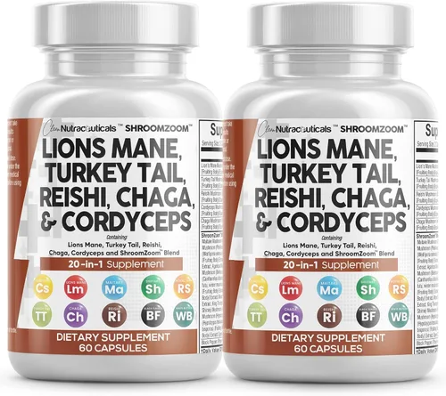 Clean Nutraceuticals Suplemento de hongo 20 en 1 de melena de león con cola de pavo Reishi Cordyceps Chaga Maitake Meshima Poria Cocos Shiitake
