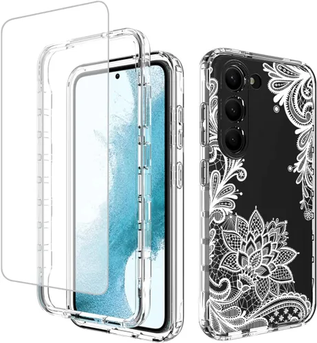 Miniatura 8 de Funda para Galaxy S23 con protector de pantalla de vidrio templado, funda protectora de cuerpo completo con bonito patrón floral transparente