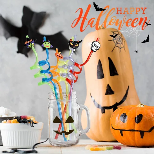 Miniatura 2 de 6 popotes de decoración de fiesta de Halloween, popotes reutilizables, decoraciones de fiesta de Halloween, esqueleto, fantasma, calabaza