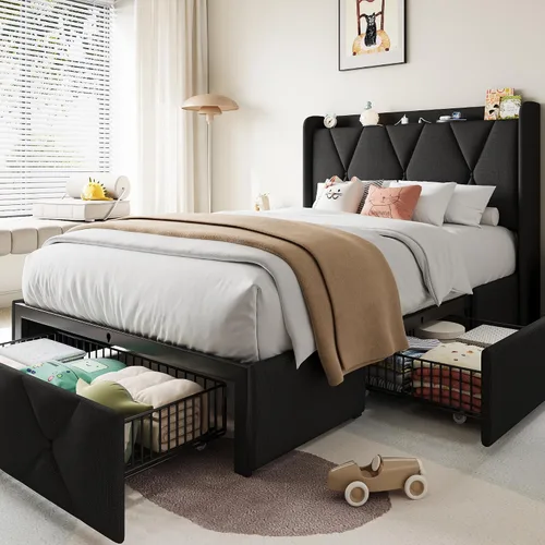 Miniatura 16 de Einhomn Marco de cama de tamaño completo con 4 cajones de almacenamiento y estación de carga, marco de cama plataforma tapizada con cabecera de Beige