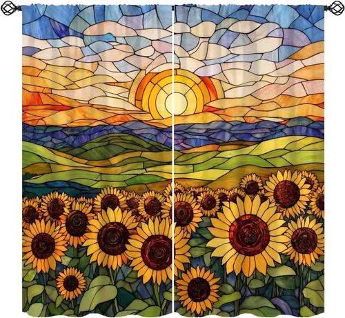 Miniatura 9 de Sunflower Curtains for Living Room Bedroom, Spring Nature Blue Sky and Butterfly Window Drapes, Rustic Wooden Fence Floral Botanical Decor, 2 Panels