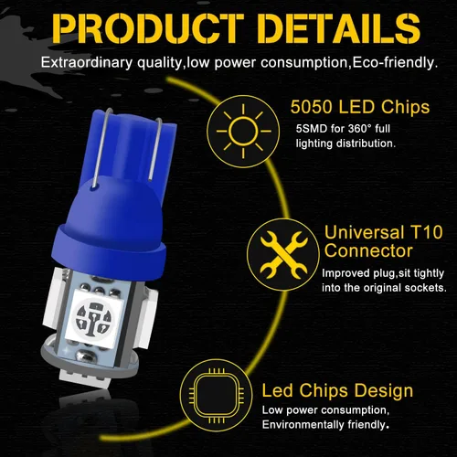 Miniatura 3 de Qasim Bombilla LED azul de 194, T10 W5W 2825, 158, 192, 168, 194, cuña 5-SMD 5050, ultra azul, para interior del automóvil, 12 V CC (paquete de 10)