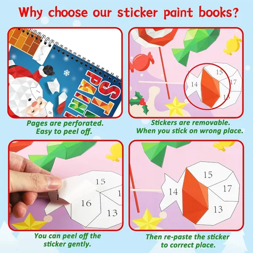 Miniatura 5 de 90shine 4 piezas de manualidades navideñas para niños de 4 a 8 años Libros de pintura adhesiva - Incluye diseños de Papá Noel, muñeco de nieve