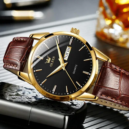 Miniatura 7 de OLEVS Reloj para hombres cronógrafo marrón cuero oro caso analógico cuarzo moda negocios vestido grande hombres reloj día fecha luminoso impermeable