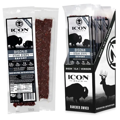ICON Meats - Tiras de carne seca de bisonte y carne de res, sabor salado, 8 paquetes por caja, 2 tiras por paquete, aprobadas por el USDA, palitos