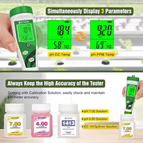 Miniatura 5 de Medidor de pH EC Hidroponico, Medidor de pH de Agua TDS PPM con Pantalla Simultánea para Solución Nutritiva de Reservorio, Medidor de pH EC